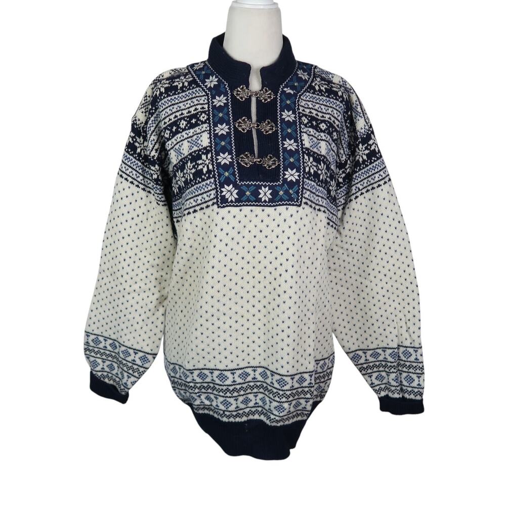 Vintage Christiania Norwegian Wool Nordic Sweater Cream Navy Blue Fair Isle S